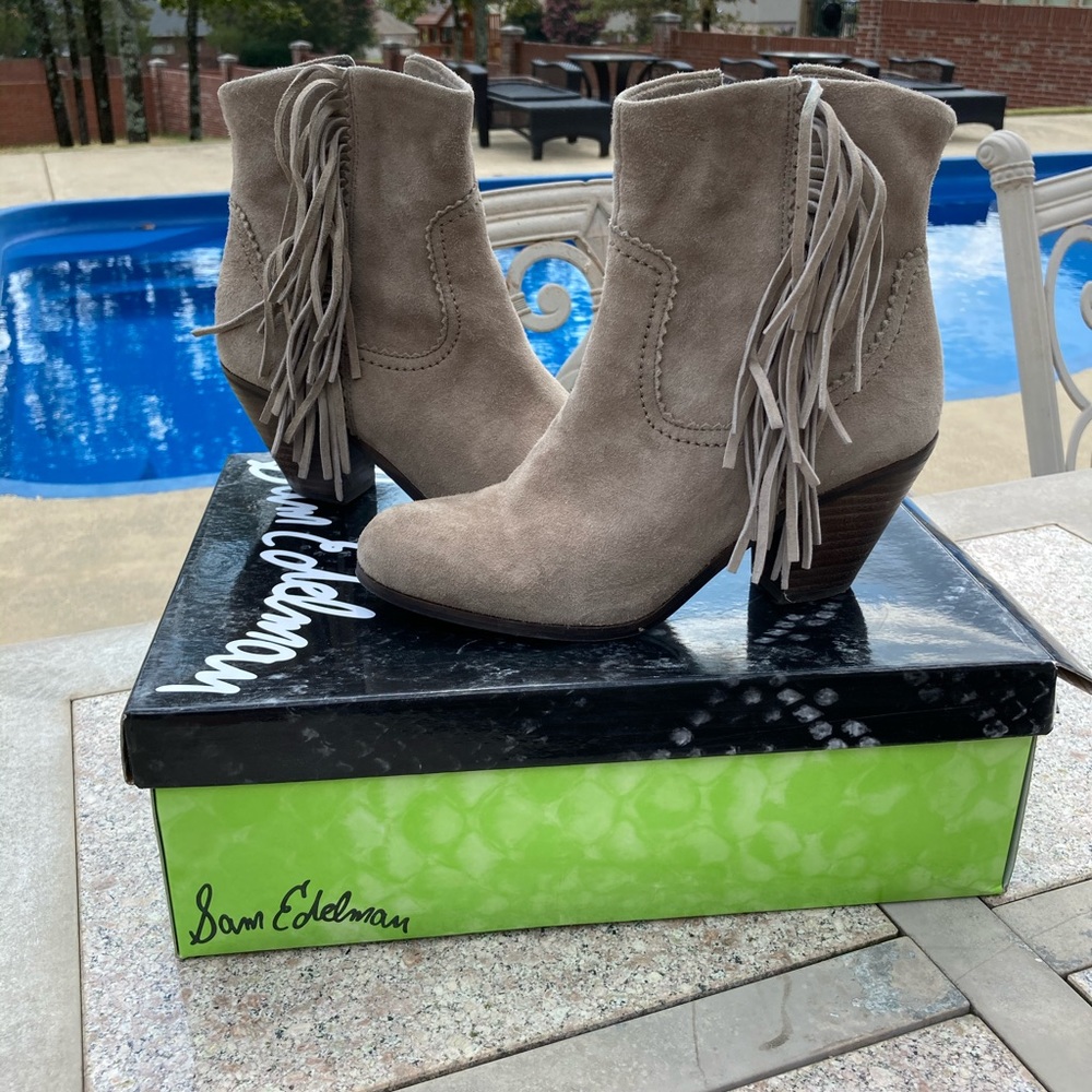 Sam Edelman Taupe Suede Fringe Booties